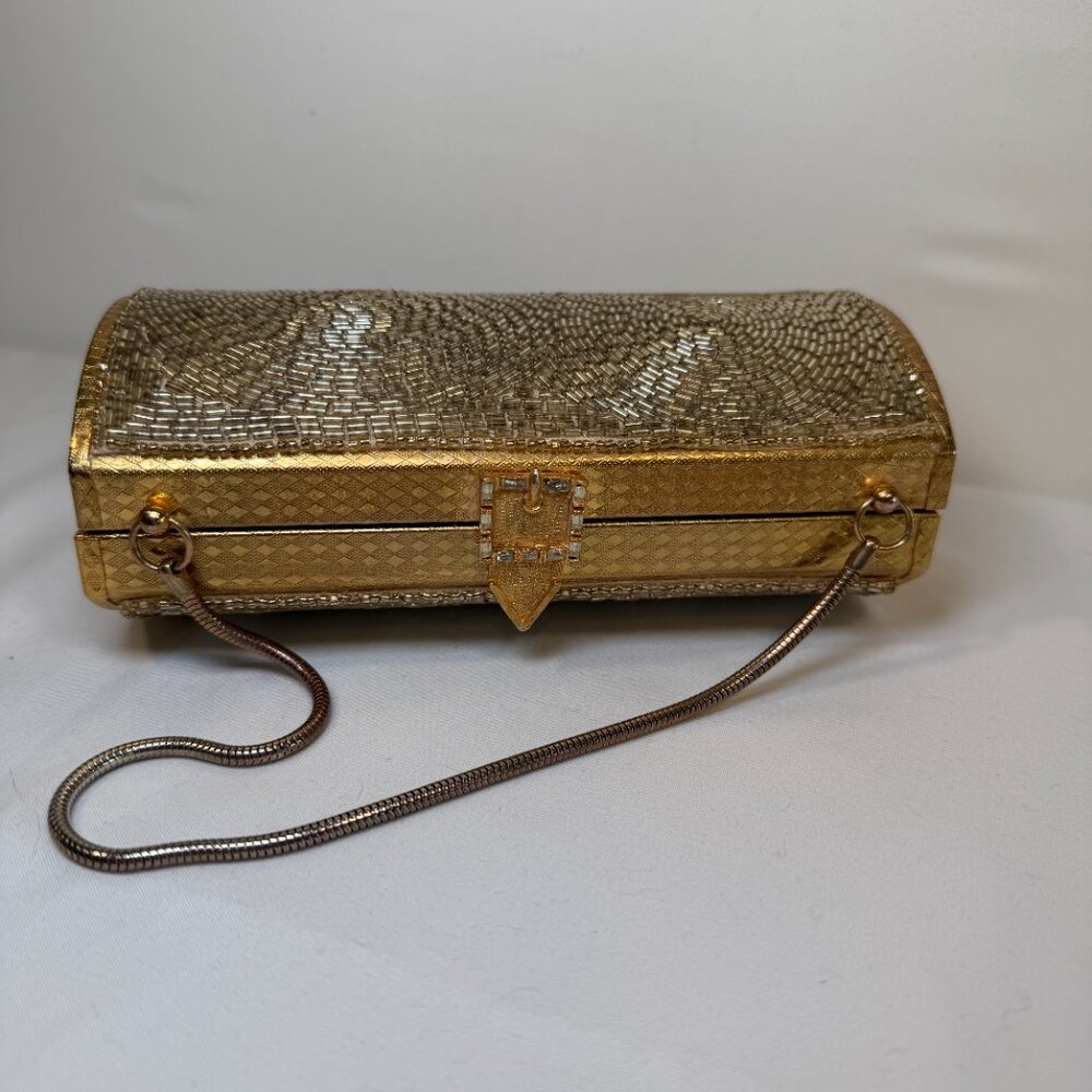 Vintage 50s Gold Beaded Minaudière Clutch Evening Bag Purse - Picture 7 of 16
